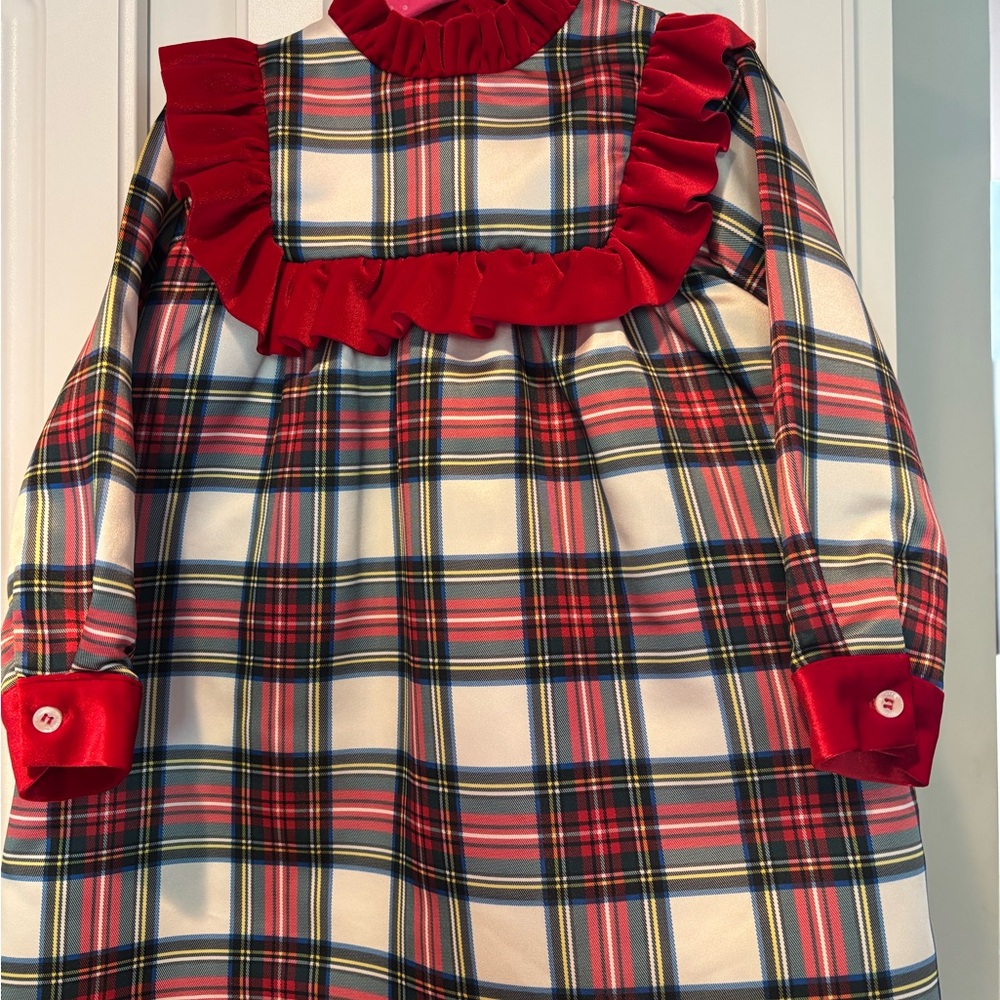 3T Henry Duvall Plaid Dress with Red Velvet Ruffle Accents